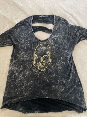 POL Black Oversized Mineral-Wash Short Sleeve Top with Gold Skull